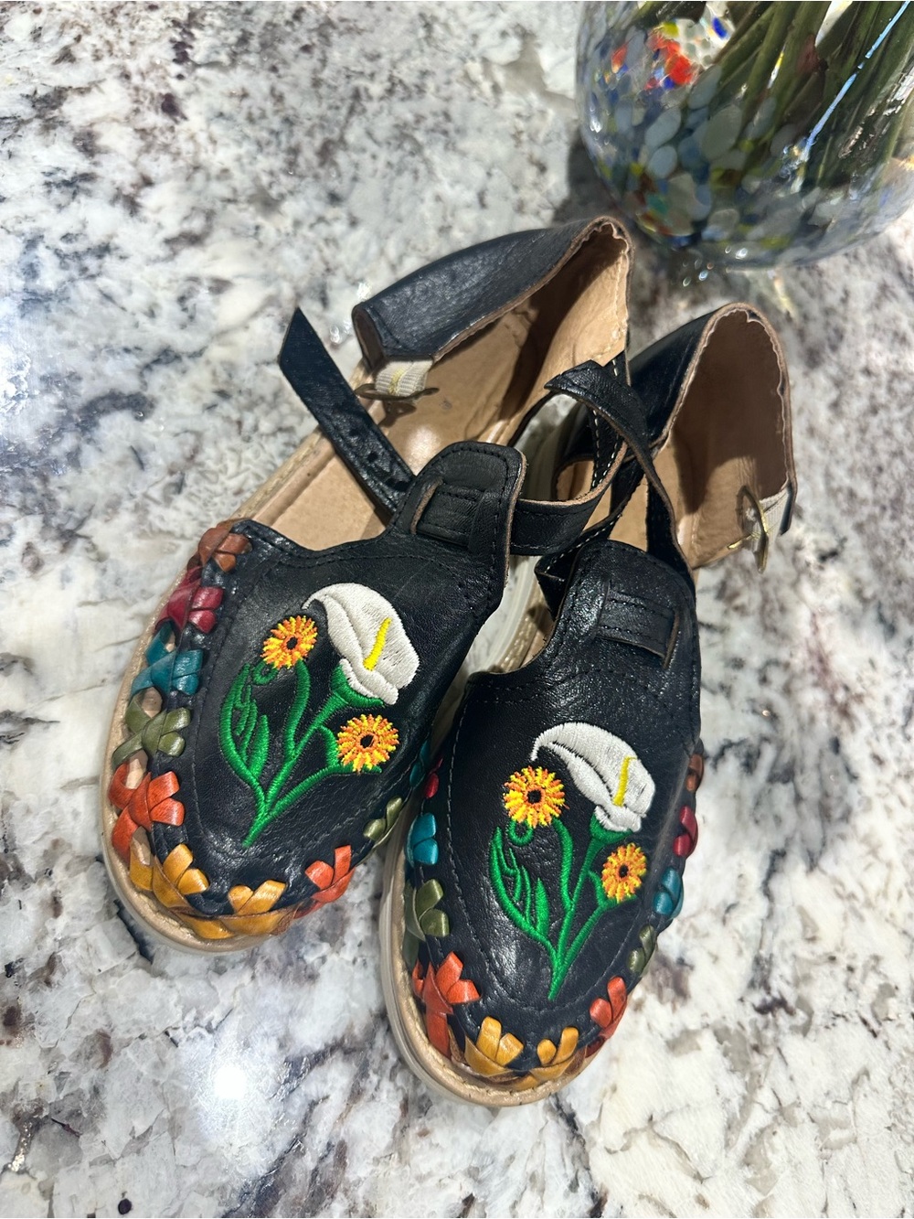 Black Floral Embroidered Mexican shoes